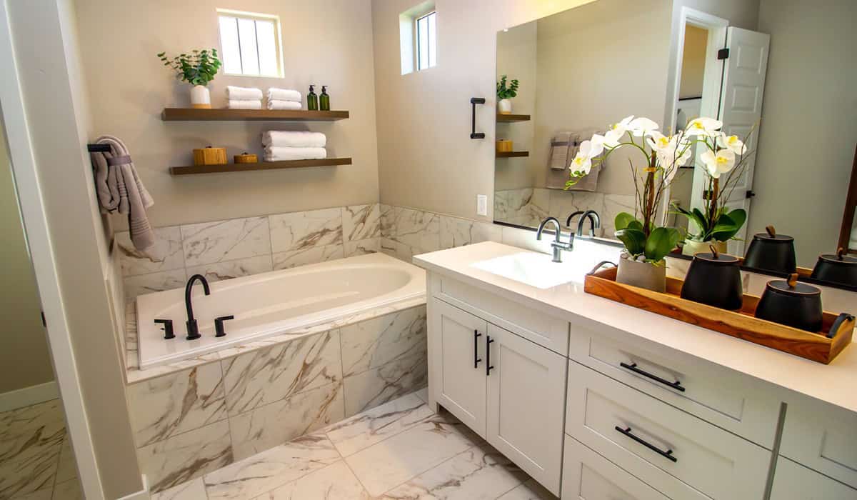 Master Bathroom With Vanity And Raised Tub